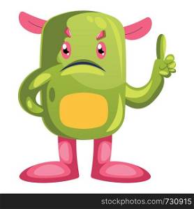 Angry green cartoon monster with pink ears and legs white background vector illustration.