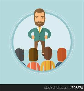 Angry hipster businessman with the beard talking with his employees during a business meeting. Aggressive boss firing his workers. Vector flat design illustration in the circle isolated on background.. Angry boss with employees during meeting.