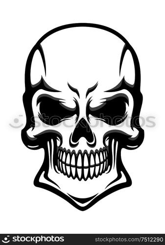 Angry human skull with eerie grin isolated on white background. For t ...