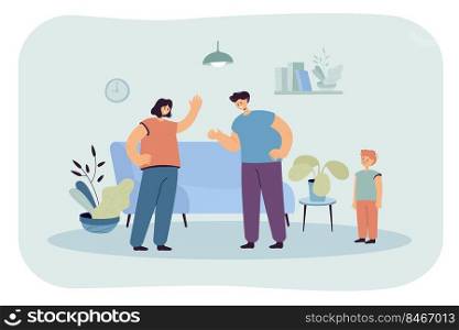 Angry husband and wife sorting things out in front of child. Flat vector illustration. Sad little son watching mother and father arguing. Family, relationship, conflict, divorce, quarrel concept