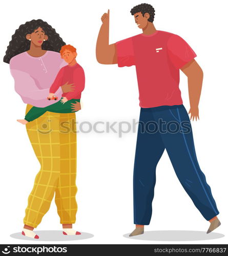 Angry husband and wife swear in presence of unhappy scared kid. Woman and man shouting, screaming, yelling, fighting, scared child crying. Unhappy marriage. Family conflict. Young couple quarreling. Angry husband and wife swear in presence of unhappy scared little son. Woman and man shouting