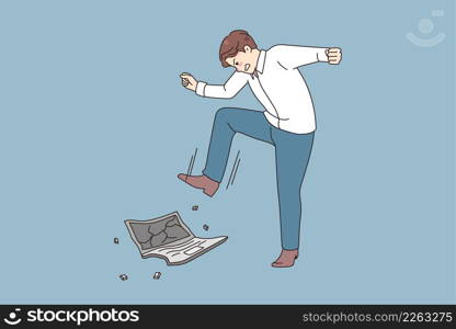 Angry male employee or worker crash laptop feel exhausted overwhelmed with job. Mad furious businessman break computer suffer from work stress or breakdown. Vector illustration.. Mad man worker crash laptop overwhelmed with job