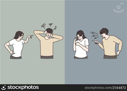 Angry man and woman fight quarrel think of divorce or split. Unhappy couple or spouse have misunderstanding. Separation and relationship problem. Abuse in relation. Vector illustration. . Unhappy couple have relationship problems arguing