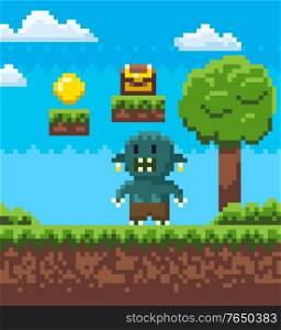 Angry man character of pixel game vector, scary monster with rage pixelated personage with treasure above, casket with coins and wealth, nature mosaics. Angry Troll on Grass, Nature of Pixel Game Vector