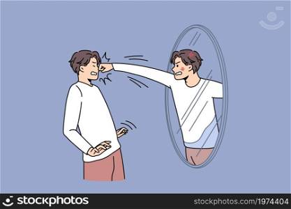 Angry man fight with mirror reflection. Furious mad guy have inner conflict and mental health problems. Suffering from abuse and self-violence. Anger control. Flat vector illustration.. Angry man fight with reflection in mirror