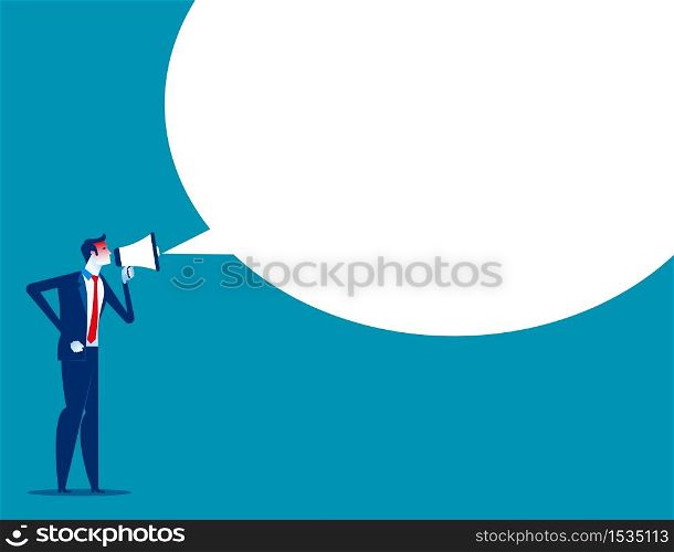 Angry man is shouting through megaphone. Concept business vector, Enraged boss, Discontent, Furious.