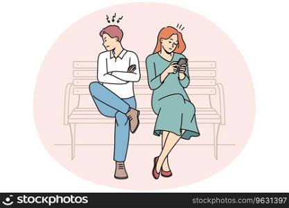 Angry man mad at busy woman using cellphone texting or messaging online in gadget. Stubborn couple sit on bench have relationship problems. Vector illustration.. Angry man turn from mad woman using cellphone