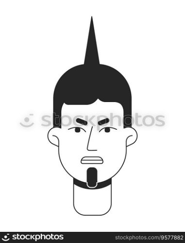 Angry man monochrome flat linear character head. Brunette punk hairstyle. Rebel. Editable outline hand drawn human face icon. 2D cartoon spot vector avatar illustration for animation. Angry man monochrome flat linear character head