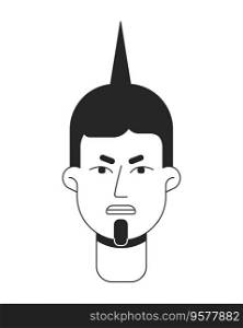 Angry man monochrome flat linear character head. Brunette punk hairstyle. Rebel. Editable outline hand drawn human face icon. 2D cartoon spot vector avatar illustration for animation. Angry man monochrome flat linear character head