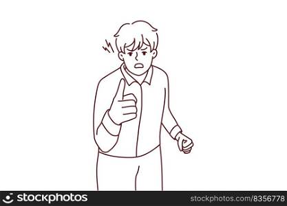 Angry man point at screen accuse or blame someone. Furious guy threaten to person feel outraged and distressed. Vector illustration.. Furious man point at screen threatening