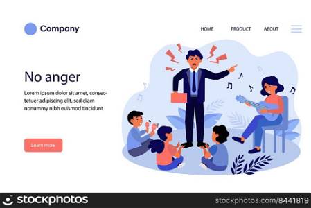 Angry man shouting at kids and woman. Father, mother, children flat vector illustration. Family problems, domestic violence concept for banner, website design or landing web page