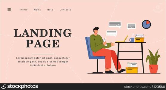 Angry man sitting at table chatting in laptop. Male person having bad conversation with friend. Communication, social networks, problems concept for banner, website design or landing web page.