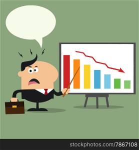 Angry Manager Pointing To A Decrease Chart On A Board.Flat Style Illustration With Speech Bubble