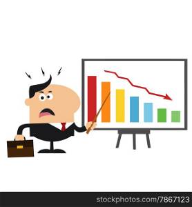 Angry Manager Pointing To A Decrease Chart On A Board.Flat Style Illustration Isolated On White