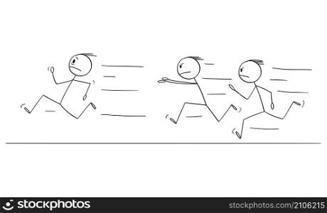 Angry men chasing running person , vector cartoon stick figure or character illustration.. Person Running, Angry Men Are Chasing Him, Vector Cartoon Stick Figure Illustration