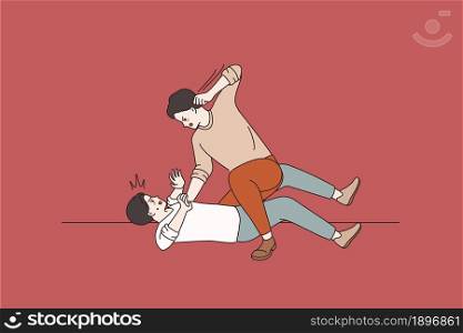 Angry men lying on ground beating having conflict. Mad furious guys kick punch in face. Two people feel aggressive fighting. Abuser and victim, violence, bullying. Flat vector illustration.. Furious men feel aggressive fighting lying on ground
