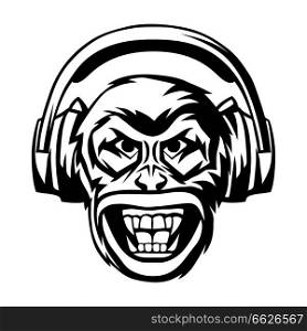Angry monkey head in headphones. Aggressive animal musical poster or emblem design.. Angry monkey head in headphones.