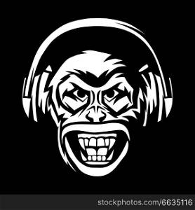 Angry monkey head in headphones. Aggressive animal musical poster or emblem design.. Angry monkey head in headphones.