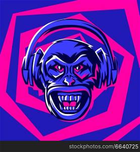 Angry monkey head in headphones. Rock and roll or disco music print. Rock festival poster.. Angry monkey head in headphones.