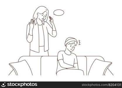Angry mother lecturing teen child sitting on sofa at home. Mad mom talking scolding teenager, having fight or misunderstanding. Generation gap. Vector illustration. . Mad mother lecturing teenage child 