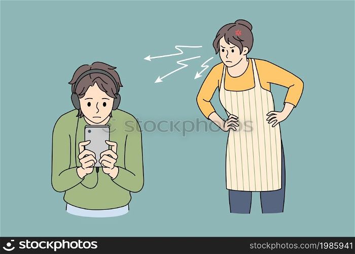 Angry mother scold lecture teen son on headphones using cellphone device. Mad furious mom swear teenage boy child overuse smartphone play online. Social media addiction. Vector illustration. . Angry mom scold teen son overuse cellphone device