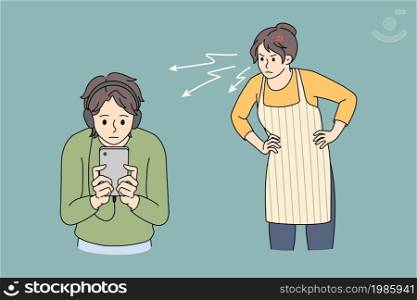 Angry mother scold lecture teen son on headphones using cellphone device. Mad furious mom swear teenage boy child overuse smartphone play online. Social media addiction. Vector illustration. . Angry mom scold teen son overuse cellphone device