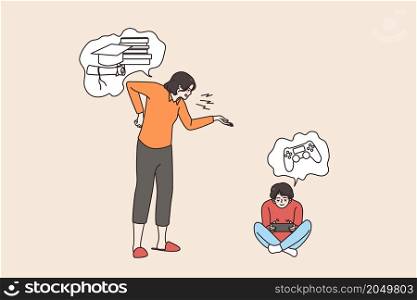 Angry mother scold teen son playing video games, ask for school studying. Furious mom lecture small boy child for not learning. Children and parent problem. Education concept. Vector illustration. . Mad mother scold son for playing not studying