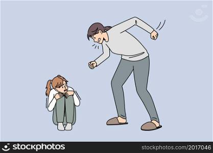 Angry mother shout yell at scared little daughter feel unprotected in family. Furious mad aggressive mom scream at stressed girl child. Psychological abuse, domestic violence. Vector illustration. . Furious mother shout at scared little daughter