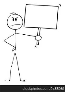 Angry negative person holding empty sign, vector cartoon stick figure or character illustration.. Angry Person Holding Empty Sign , Vector Cartoon Stick Figure Illustration