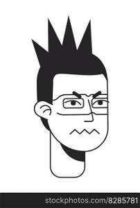 Angry offender with mohawk monochromatic flat vector character head. Black and white avatar icon. Editable cartoon user portrait. Hand drawn ink spot illustration for web graphic design and animation. Angry offender with mohawk monochromatic flat vector character head