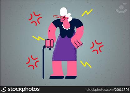 Angry old grandmother with walking cane feel dissatisfied quarrel or fight. Man unhappy senior grandparent unhappy with maturity life or casual daily problems. Elderly lifestyle. Vector illustration. . Angry old grandmother distressed with maturity life