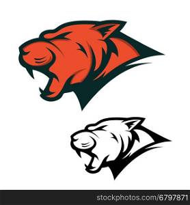 Angry Panther head with opened mouth. Sport team mascot. Design element for logo, label, emblem, sign, brand mark. Vector illustration.
