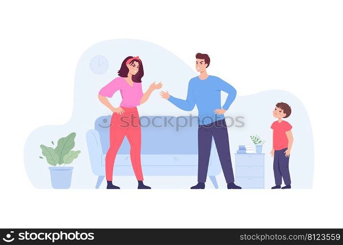 Angry parents arguing in front of crying child. Abusive relationship between wife and husband flat vector illustration. Unhappy family, conflict concept for banner, website design or landing web page