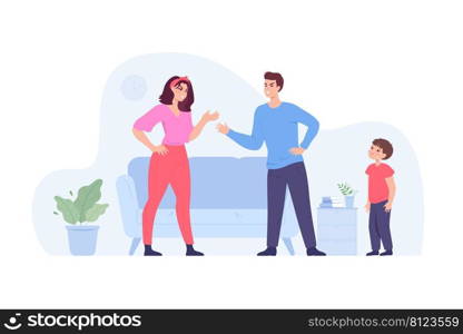 Angry parents arguing in front of crying child. Abusive relationship between wife and husband flat vector illustration. Unhappy family, conflict concept for banner, website design or landing web page