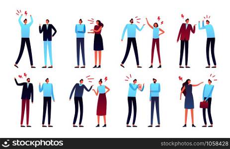 Angry people. Aggressive business peoples, worker person aggression or yelling man and women couple arguing emotions. Anxious rage or confused human character isolated vector icons set. Angry people. Aggressive business peoples, worker person aggress