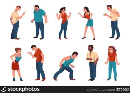 Angry people. Aggressive men and women argue and emotionally dispute, cartoon characters fighting about business or divorce. Vector set illustrations of conflict scenes crier graphic person. Angry people. Aggressive men and women argue and emotionally dispute, cartoon characters fighting about business or divorce. Vector set of conflict scenes