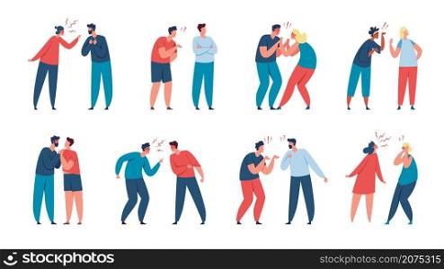 Angry people arguing, characters shouting at each other. Couple fighting or quarreling, men and women having conflict or argument vector set. Disagreement and violence in family or friendship. Angry people arguing, characters shouting at each other. Couple fighting or quarreling, men and women having conflict or argument vector set