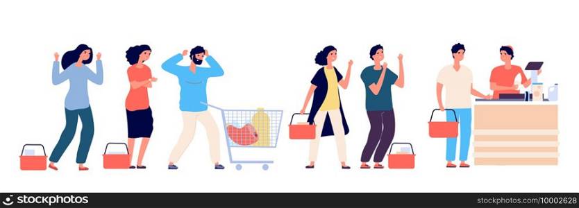Angry people queue. Dissatisfied and tired customers standing in supermarket line, scream and swear by purchasing. Vector concept. Illustration people queue angry, customer hysteria. Angry people queue. Dissatisfied and tired customers standing in supermarket line, scream and swear by purchasing. Vector concept