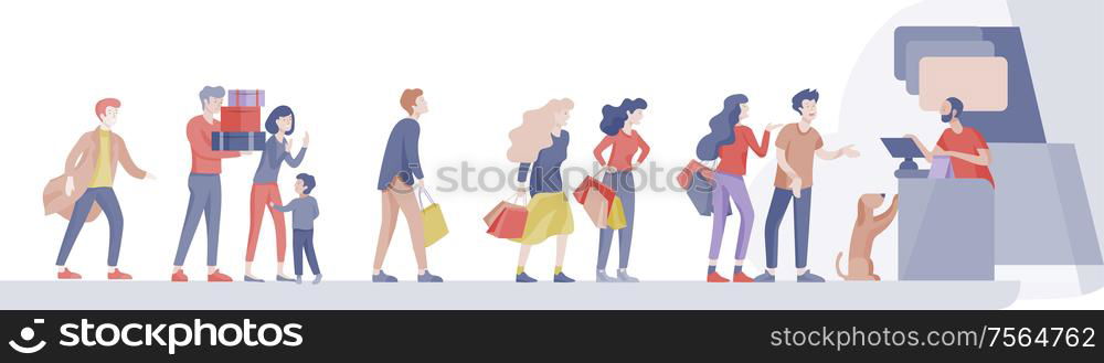 Angry People queue in supermarket with cashier, where to buy concept of shop assistant. Selling interaction, purchasing process. Dissatisfied and tired customer scream and swear. People Shopping in supermarket. Woman in supermarket with cashier, where to buy concept of customer and shop assistant. Selling interaction, purchasing process. Creative landing page