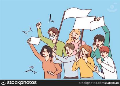 Angry people with placards protest on demonstration or riot. Furious activists stand against discrimination on meeting. Vector illustration. . Mad people with posters on demonstration