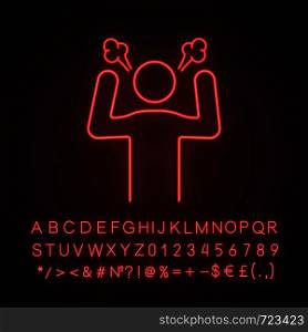 Angry person neon light icon. Steam coming out ears. Anger and irritation. Stress, burnout. Furious man. Frustration. Stress symptom. Glowing sign with alphabet, numbers. Vector isolated illustration. Angry person neon light icon
