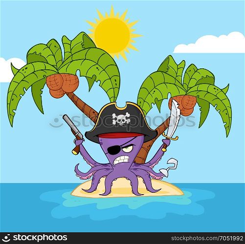 Angry Pirate Octopus Cartoon Mascot Character With A Sword Gun And Hook On A Tropical Island. Illustration With Background
