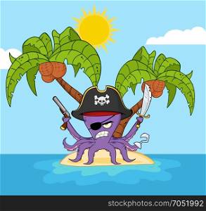 Angry Pirate Octopus Cartoon Mascot Character With A Sword Gun And Hook On A Tropical Island. Illustration With Background