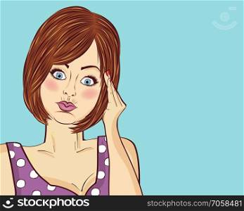 Angry pop art woman thinking. Comic woman . Pin up girl. Vector illustration