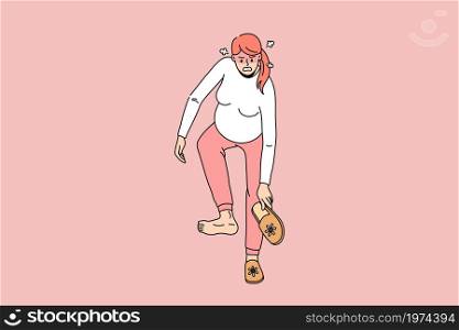 Angry pregnant woman bend with huge belly try wear sleepers. Unhappy mad mom to be suffer from last month pregnancy outcomes and problems, unable to dress. Flat vector illustration. . Angry pregnant woman bend unable to wear slippers