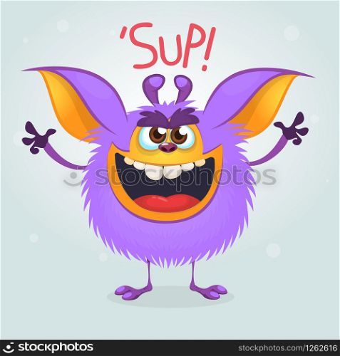 Angry purple cartoon monster gremlin yelling with a big mouth. Halloween vector illustration