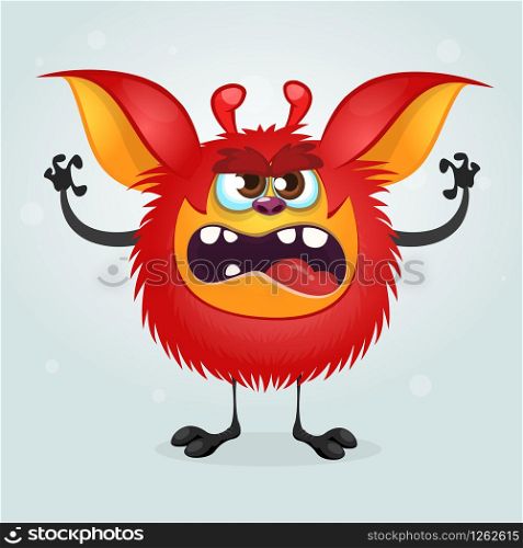 Angry red cartoon monster waving hands. Halloween vector illustration