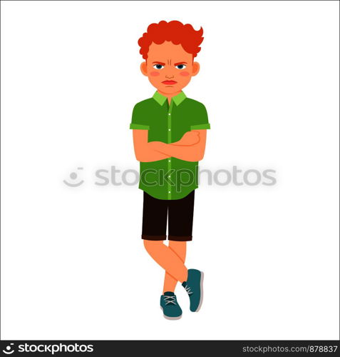 Angry redhead boy in a green shirt isolated vector illustration on white background. Angry redhead boy in green shirt