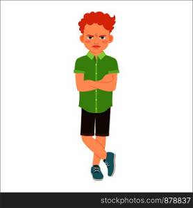 Angry redhead boy in a green shirt isolated vector illustration on white background. Angry redhead boy in green shirt