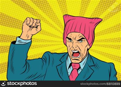 Angry retro politician feminist. pop art comic vector illustration. Man in pussyhat. Angry retro politician feminist